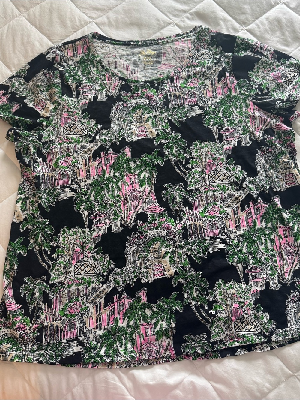 Lilly Pulitzer Black Scoop-Neck Top with Pink & Green Tropical Print